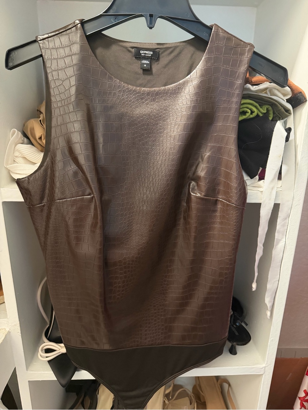 Express Brown Croc-Embossed Faux Leather Bodysuit
